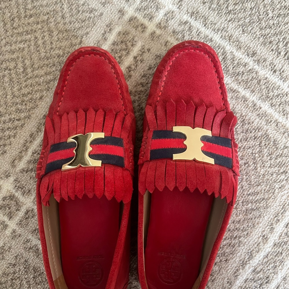 Tory Burch Red Suede Flats with Gold Accent